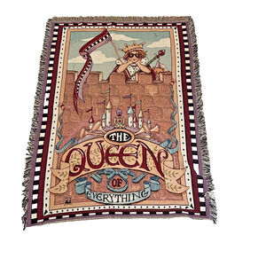 Vintage MARY ENGELBREIT WOVEN tapestry BLANKET "Queen of Everything" 70" X 52"